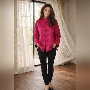 Vintage Pure Silk Mandarin Jacket — Dragon & Phoenix Brocade, Fuchsia ,S